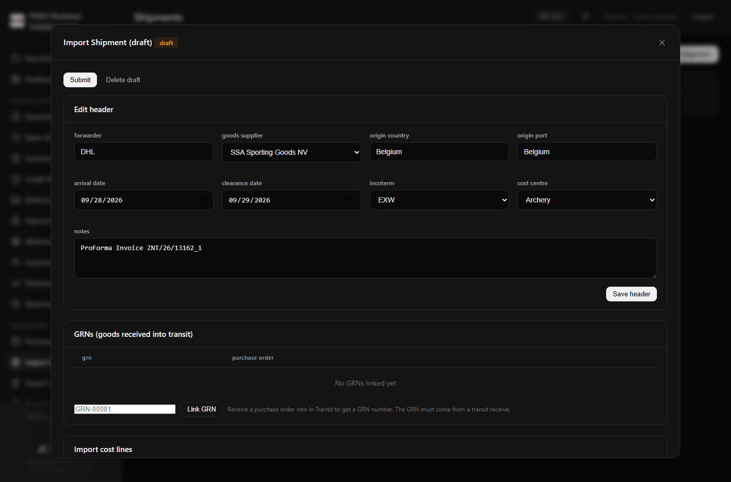Import shipment detail